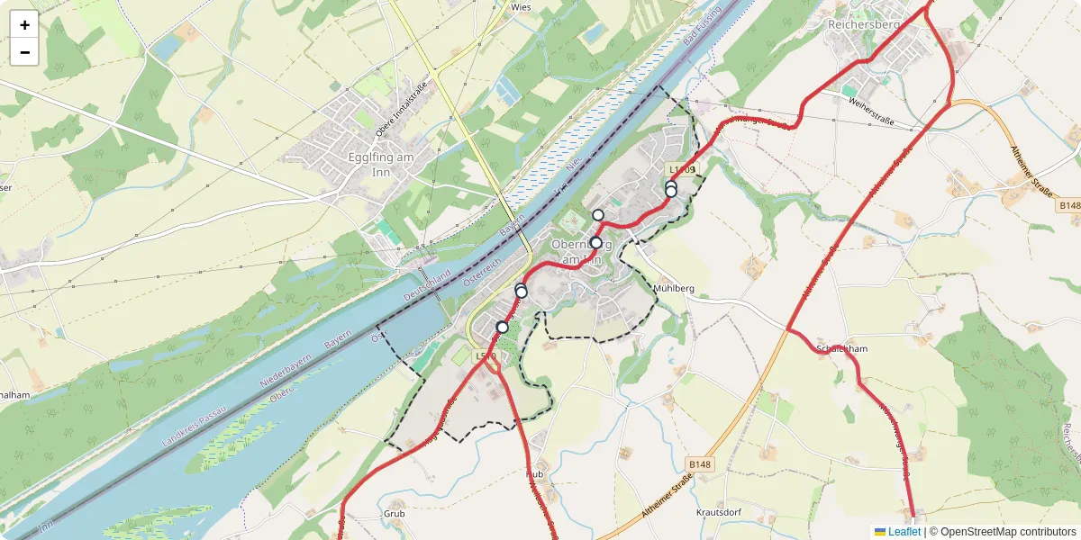 Nahverkehrsnetz in obernberg-am-inn, Österreich - Buslinien, Haltestellen und Verbindungen auf der Karte