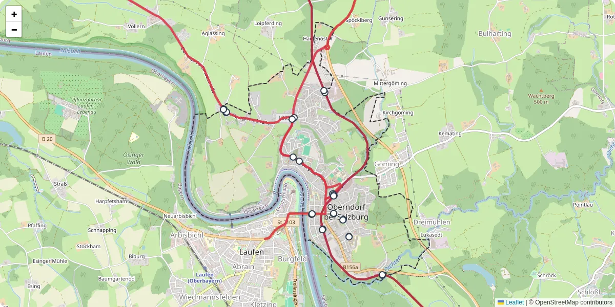Nahverkehrsnetz in oberndorf-bei-salzburg, Österreich - Buslinien, Haltestellen und Verbindungen auf der Karte