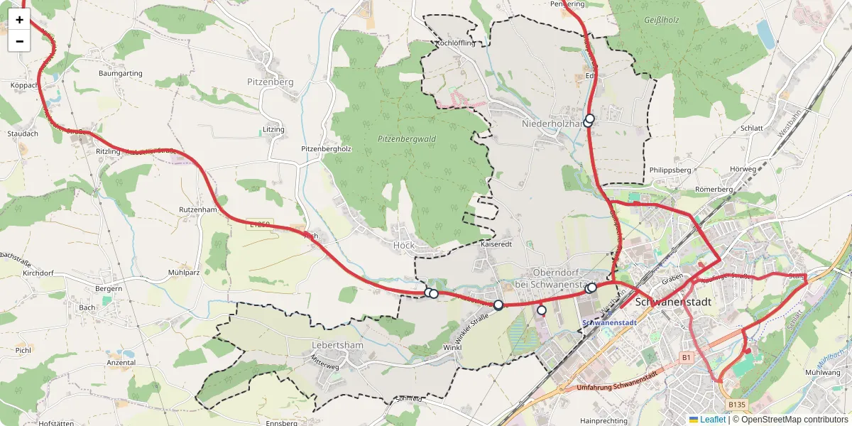 Nahverkehrsnetz in oberndorf-bei-schwanenstadt, Österreich - Buslinien, Haltestellen und Verbindungen auf der Karte