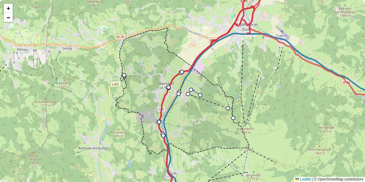 Nahverkehrsnetz in oberndorf-in-tirol, Österreich - Buslinien, Haltestellen und Verbindungen auf der Karte