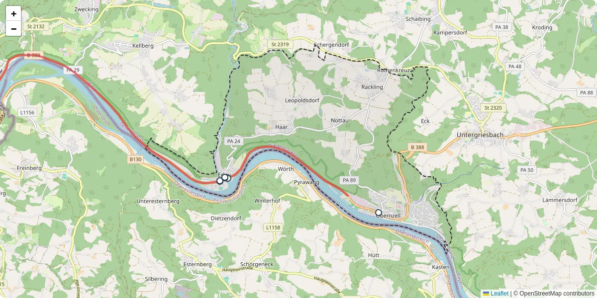 Nahverkehrsnetz in obernzell, Österreich - Buslinien, Haltestellen und Verbindungen auf der Karte