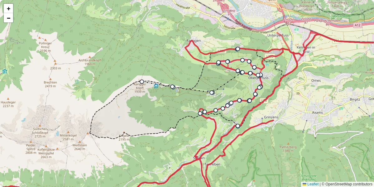 Nahverkehrsnetz in oberperfuss, Österreich - Buslinien, Haltestellen und Verbindungen auf der Karte