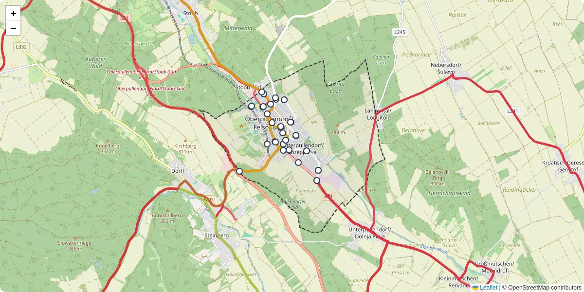 Nahverkehrsnetz in oberpullendorffelsopulya, Österreich - Buslinien, Haltestellen und Verbindungen auf der Karte