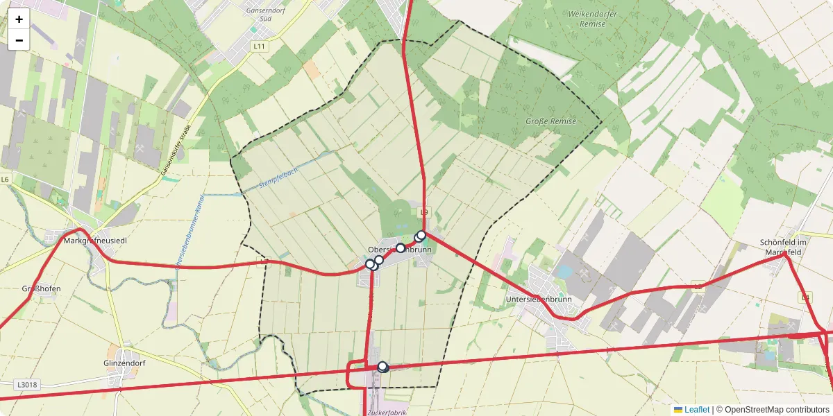 Nahverkehrsnetz in obersiebenbrunn, Österreich - Buslinien, Haltestellen und Verbindungen auf der Karte