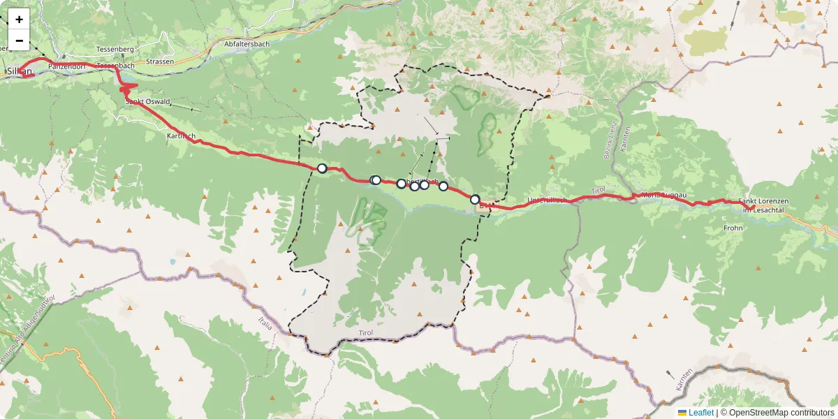 Nahverkehrsnetz in obertilliach, Österreich - Buslinien, Haltestellen und Verbindungen auf der Karte