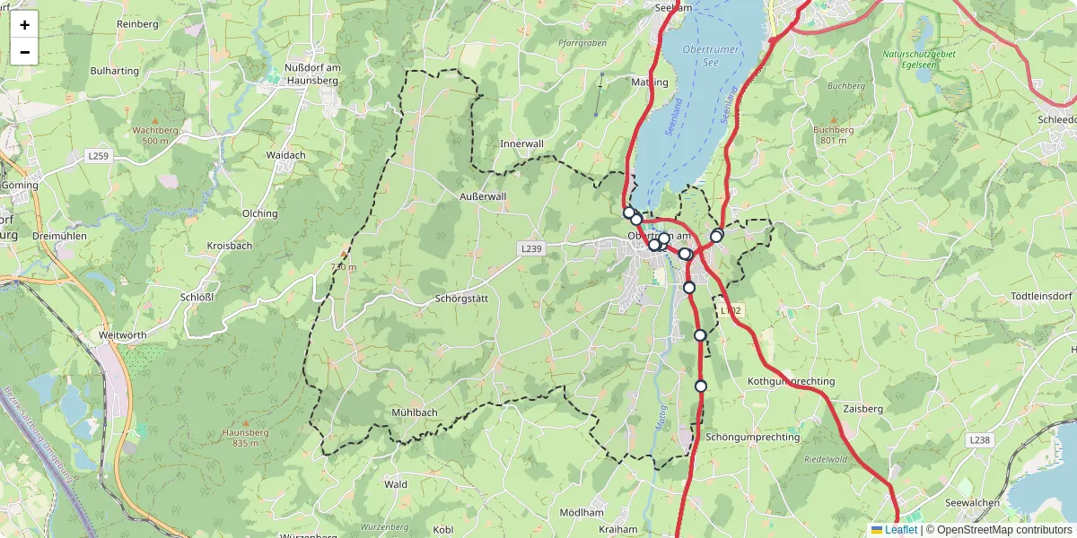 Nahverkehrsnetz in obertrum-am-see, Österreich - Buslinien, Haltestellen und Verbindungen auf der Karte