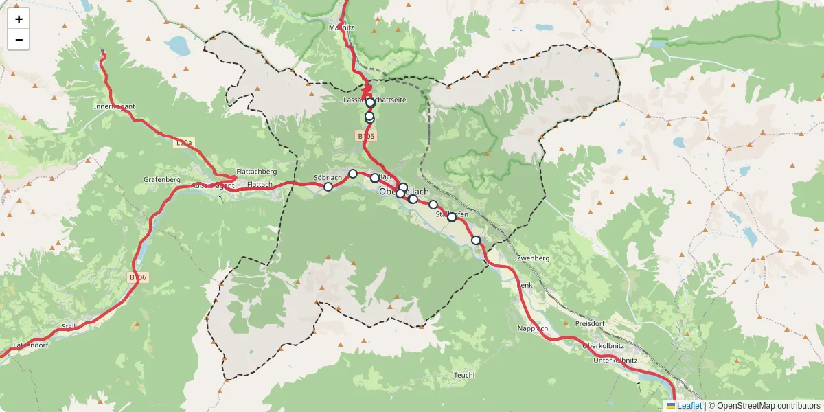 Nahverkehrsnetz in obervellach, Österreich - Buslinien, Haltestellen und Verbindungen auf der Karte