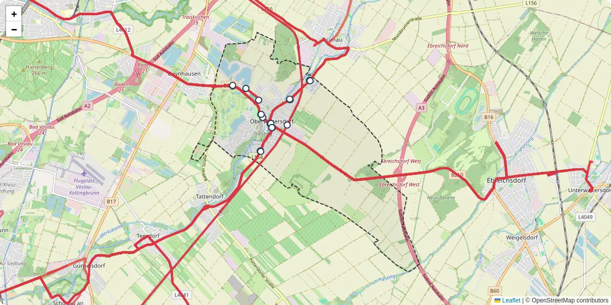 Nahverkehrsnetz in oberwaltersdorf, Österreich - Buslinien, Haltestellen und Verbindungen auf der Karte