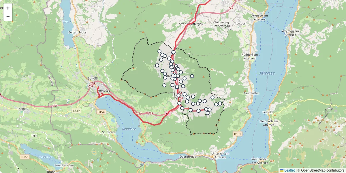 Nahverkehrsnetz in oberwang, Österreich - Buslinien, Haltestellen und Verbindungen auf der Karte
