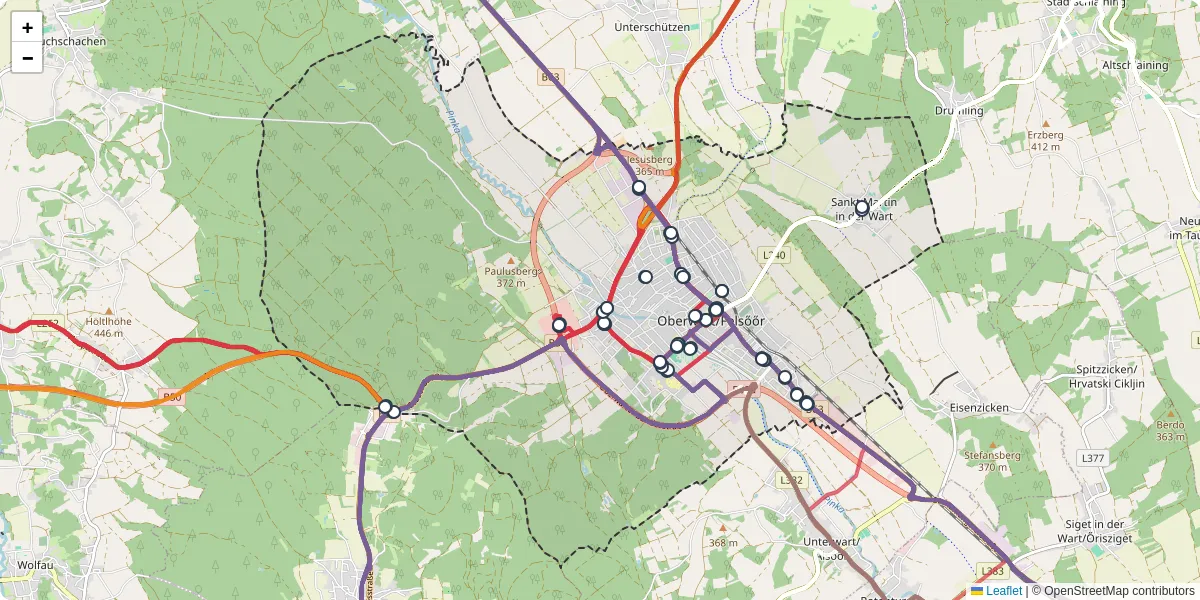 Nahverkehrsnetz in oberwartfelsoor, Österreich - Buslinien, Haltestellen und Verbindungen auf der Karte