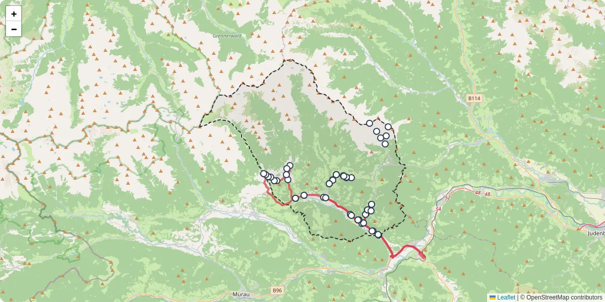 Nahverkehrsnetz in oberwolz, Österreich - Buslinien, Haltestellen und Verbindungen auf der Karte