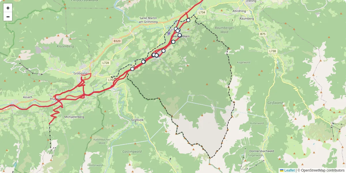 Nahverkehrsnetz in oblarn, Österreich - Buslinien, Haltestellen und Verbindungen auf der Karte