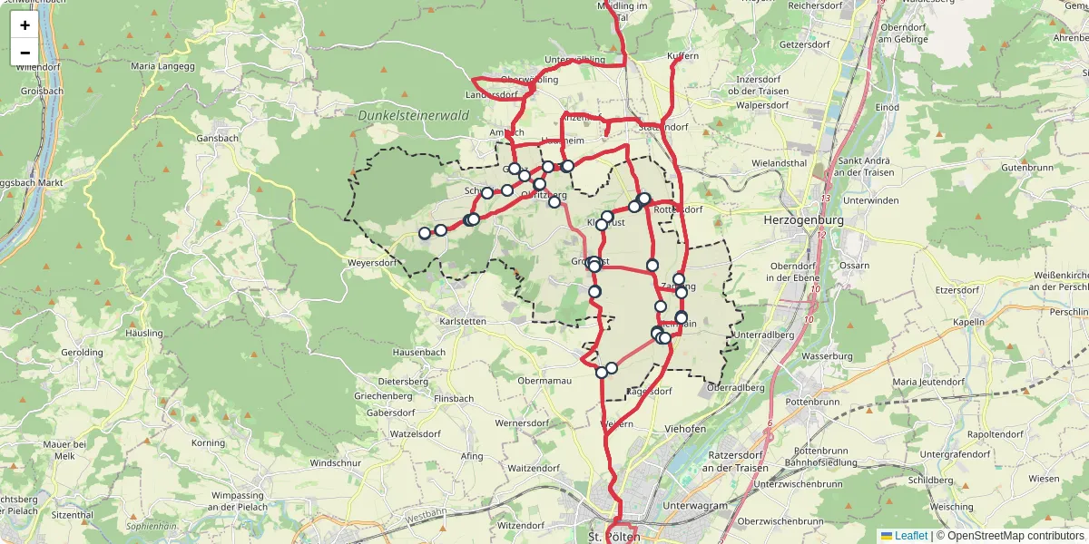Nahverkehrsnetz in obritzberg-rust, Österreich - Buslinien, Haltestellen und Verbindungen auf der Karte