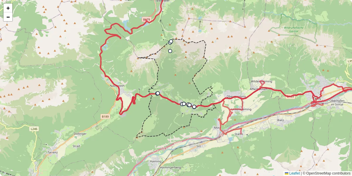 Nahverkehrsnetz in obsteig, Österreich - Buslinien, Haltestellen und Verbindungen auf der Karte