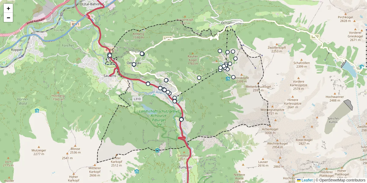 Nahverkehrsnetz in oetz, Österreich - Buslinien, Haltestellen und Verbindungen auf der Karte