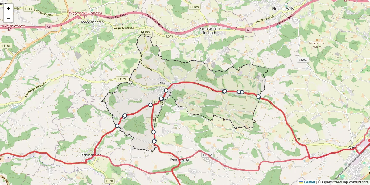 Nahverkehrsnetz in offenhausen, Österreich - Buslinien, Haltestellen und Verbindungen auf der Karte