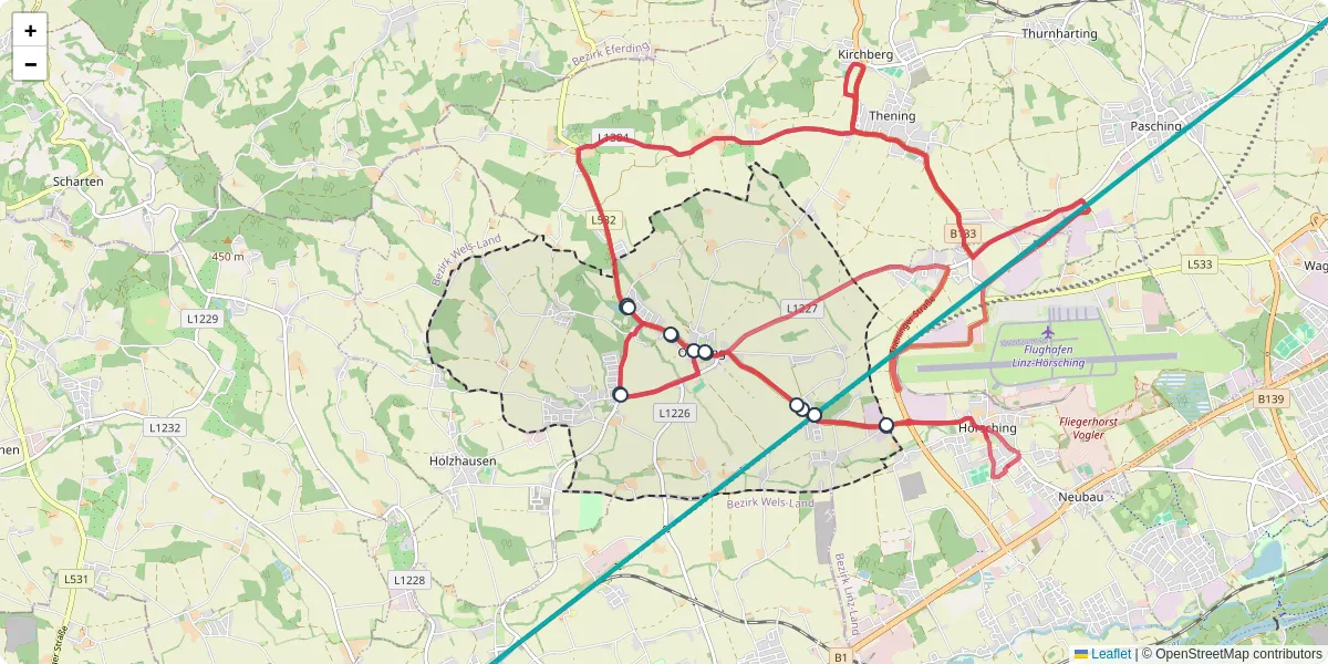 Nahverkehrsnetz in oftering, Österreich - Buslinien, Haltestellen und Verbindungen auf der Karte
