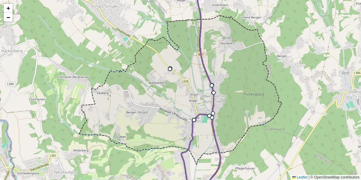 Nahverkehrsnetz in ollersdorf-im-burgenland, Österreich - Buslinien, Haltestellen und Verbindungen auf der Karte