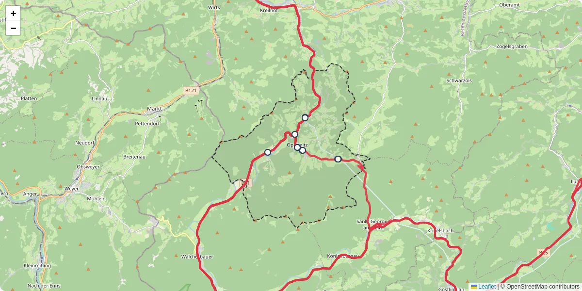 Nahverkehrsnetz in opponitz, Österreich - Buslinien, Haltestellen und Verbindungen auf der Karte
