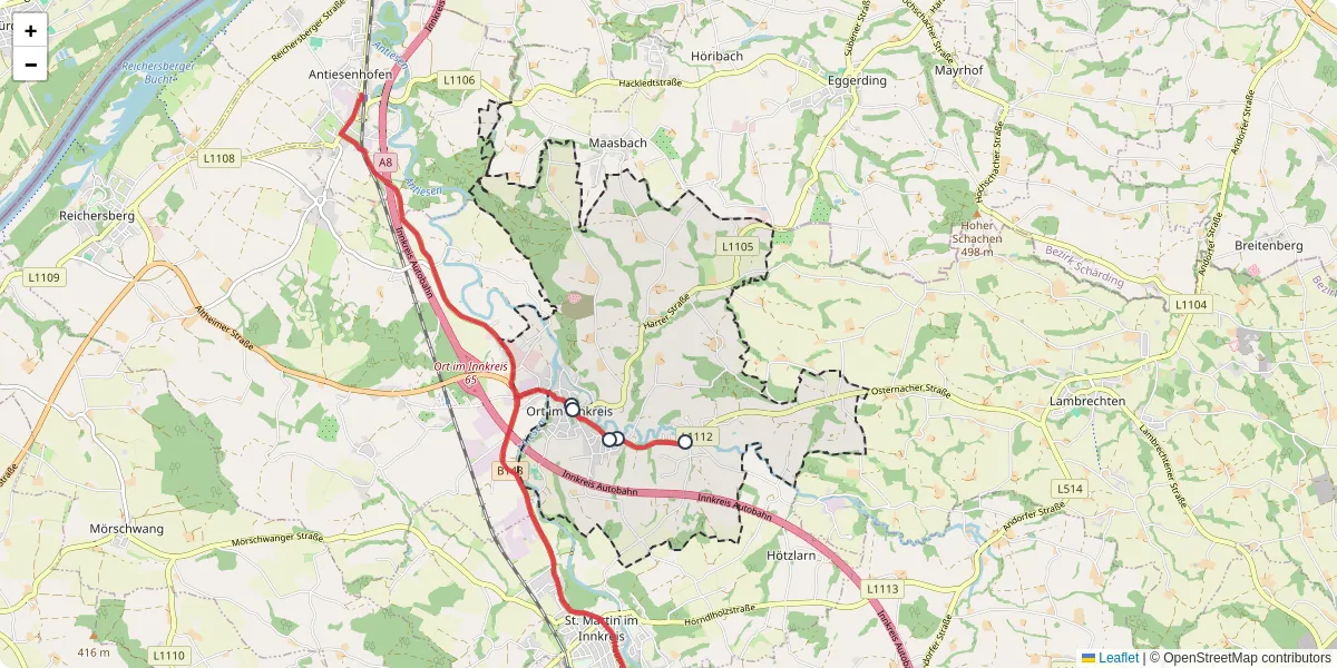 Nahverkehrsnetz in ort-im-innkreis, Österreich - Buslinien, Haltestellen und Verbindungen auf der Karte