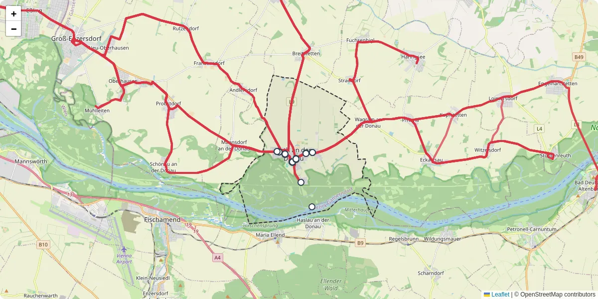 Nahverkehrsnetz in orth-an-der-donau, Österreich - Buslinien, Haltestellen und Verbindungen auf der Karte