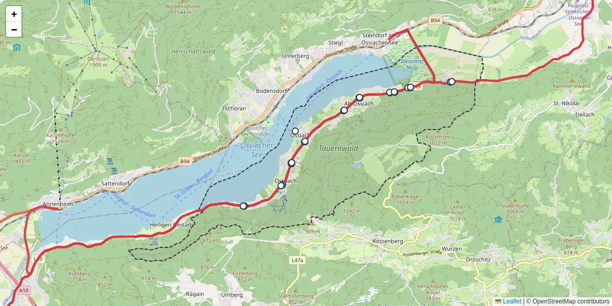 Nahverkehrsnetz in ossiach, Österreich - Buslinien, Haltestellen und Verbindungen auf der Karte