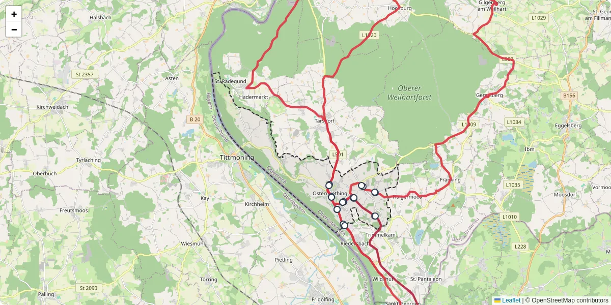 Nahverkehrsnetz in ostermiething, Österreich - Buslinien, Haltestellen und Verbindungen auf der Karte
