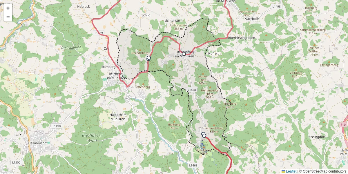 Nahverkehrsnetz in ottenschlag-im-muhlkreis, Österreich - Buslinien, Haltestellen und Verbindungen auf der Karte