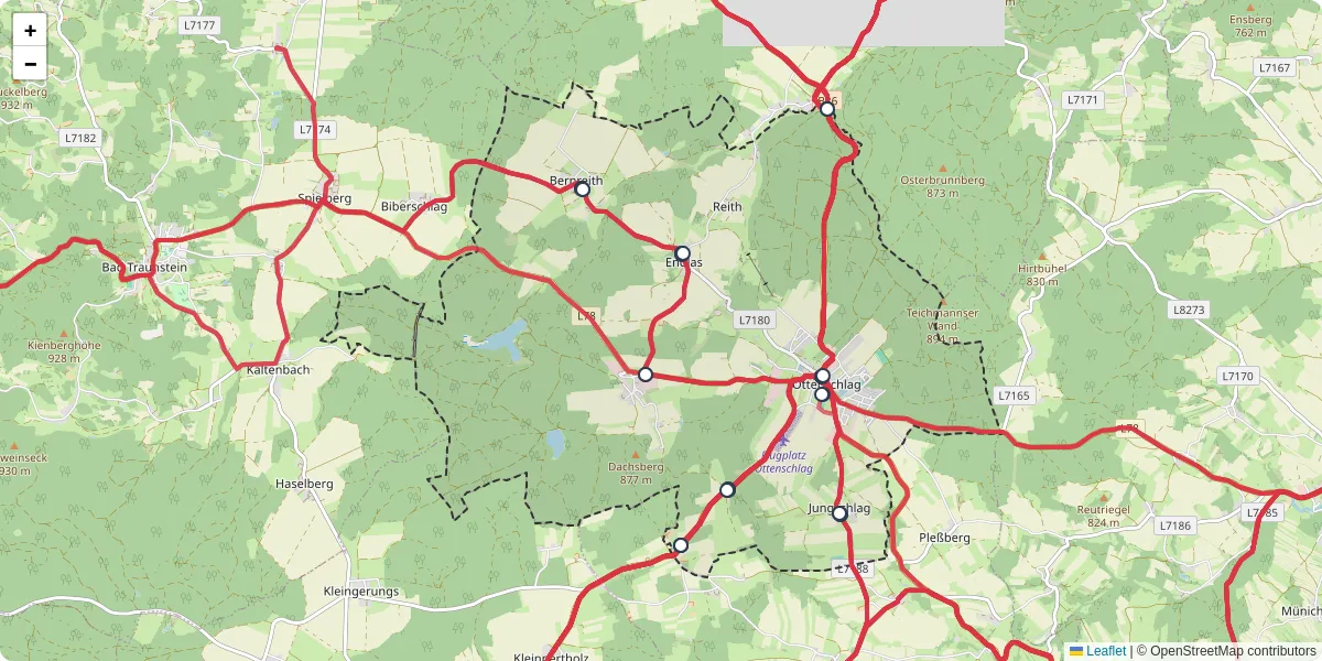 Nahverkehrsnetz in ottenschlag, Österreich - Buslinien, Haltestellen und Verbindungen auf der Karte
