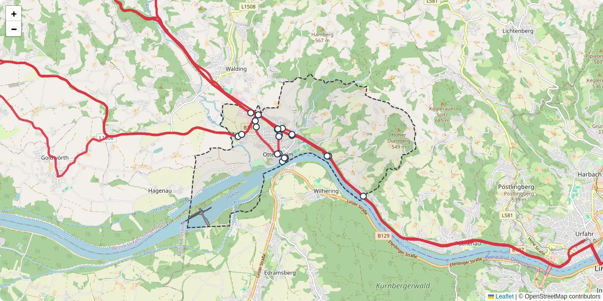 Nahverkehrsnetz in ottensheim, Österreich - Buslinien, Haltestellen und Verbindungen auf der Karte