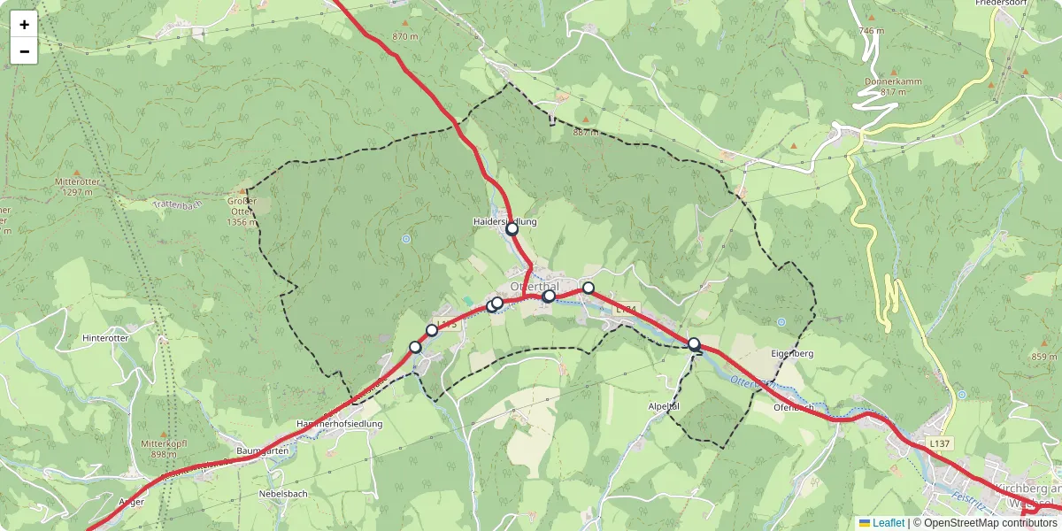 Nahverkehrsnetz in otterthal, Österreich - Buslinien, Haltestellen und Verbindungen auf der Karte