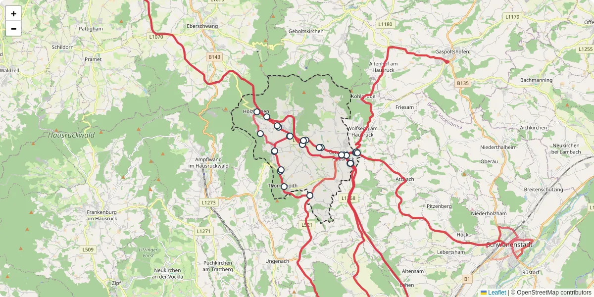 Nahverkehrsnetz in ottnang-am-hausruck, Österreich - Buslinien, Haltestellen und Verbindungen auf der Karte