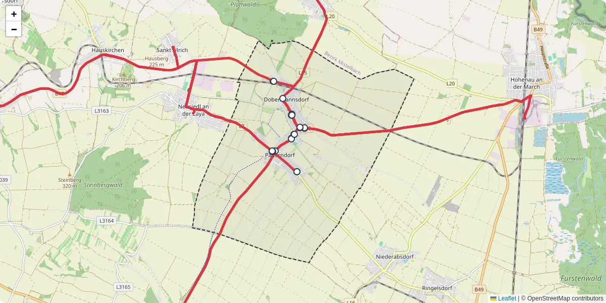 Nahverkehrsnetz in palterndorf-dobermannsdorf, Österreich - Buslinien, Haltestellen und Verbindungen auf der Karte