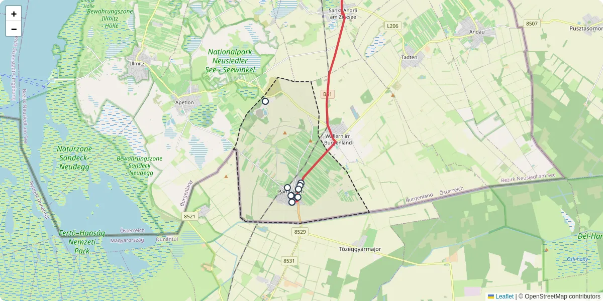 Nahverkehrsnetz in pamhagen, Österreich - Buslinien, Haltestellen und Verbindungen auf der Karte
