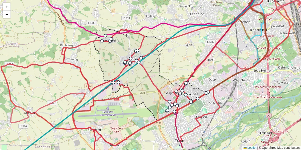 Nahverkehrsnetz in pasching, Österreich - Buslinien, Haltestellen und Verbindungen auf der Karte