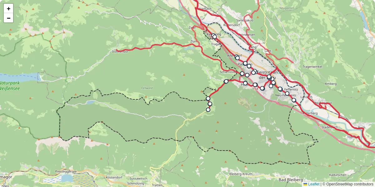 Nahverkehrsnetz in paternion, Österreich - Buslinien, Haltestellen und Verbindungen auf der Karte