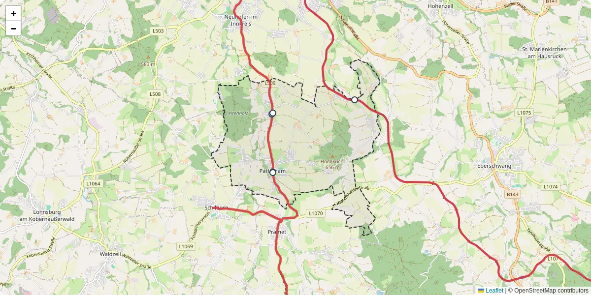Nahverkehrsnetz in pattigham, Österreich - Buslinien, Haltestellen und Verbindungen auf der Karte