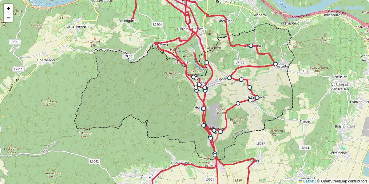 Nahverkehrsnetz in paudorf, Österreich - Buslinien, Haltestellen und Verbindungen auf der Karte