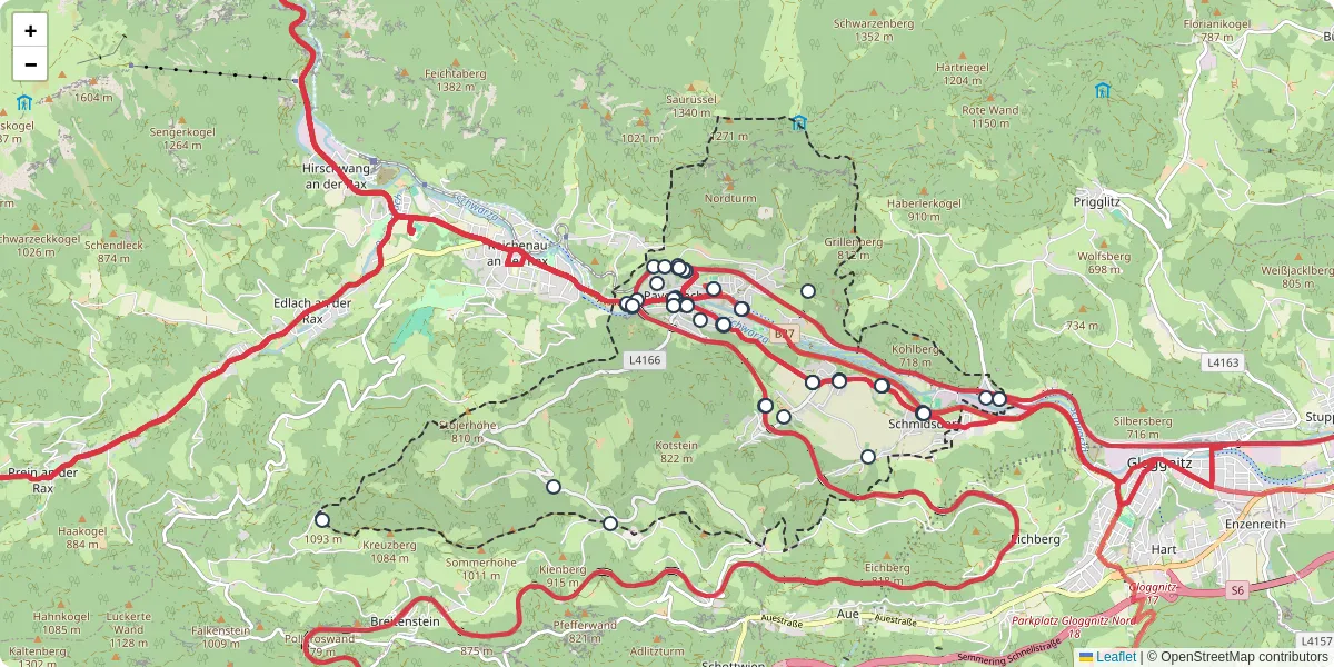 Nahverkehrsnetz in payerbach, Österreich - Buslinien, Haltestellen und Verbindungen auf der Karte