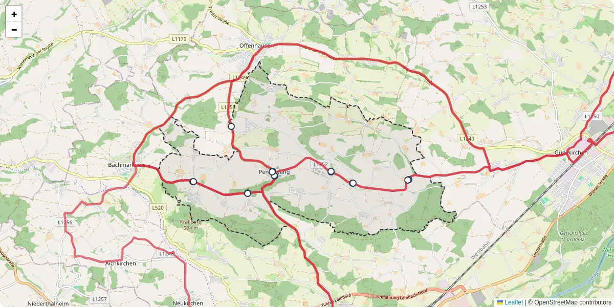 Nahverkehrsnetz in pennewang, Österreich - Buslinien, Haltestellen und Verbindungen auf der Karte
