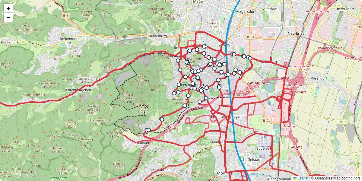 Nahverkehrsnetz in perchtoldsdorf, Österreich - Buslinien, Haltestellen und Verbindungen auf der Karte