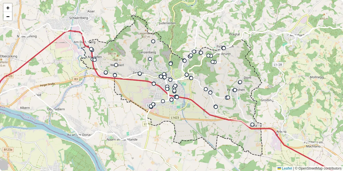 Nahverkehrsnetz in perg, Österreich - Buslinien, Haltestellen und Verbindungen auf der Karte