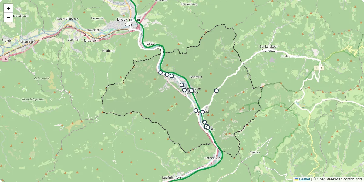 Nahverkehrsnetz in pernegg-an-der-mur, Österreich - Buslinien, Haltestellen und Verbindungen auf der Karte