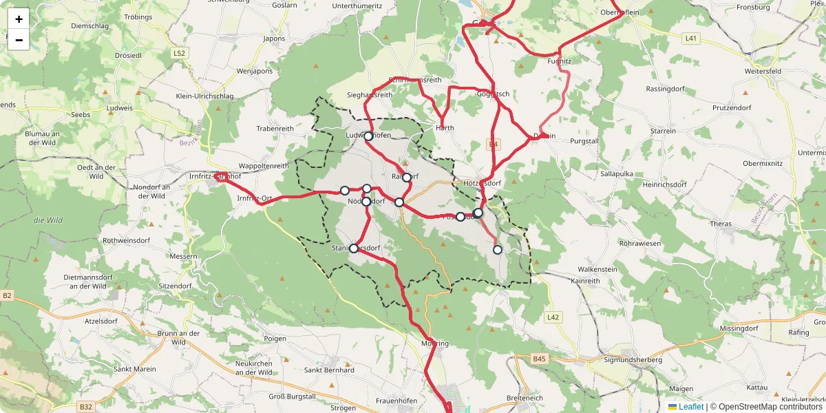 Nahverkehrsnetz in pernegg, Österreich - Buslinien, Haltestellen und Verbindungen auf der Karte