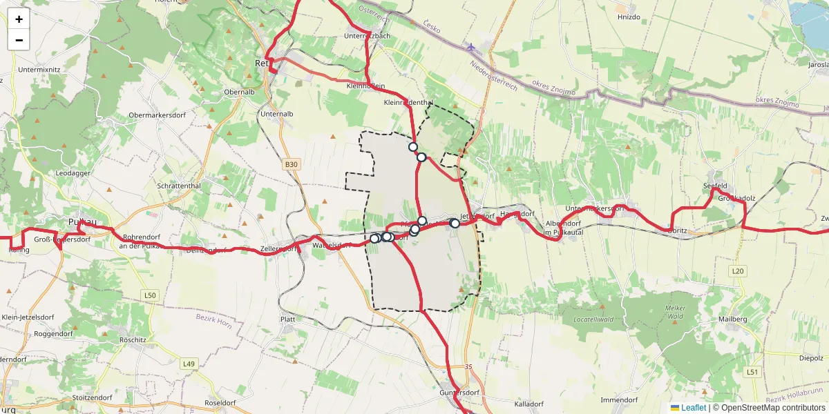 Nahverkehrsnetz in pernersdorf, Österreich - Buslinien, Haltestellen und Verbindungen auf der Karte