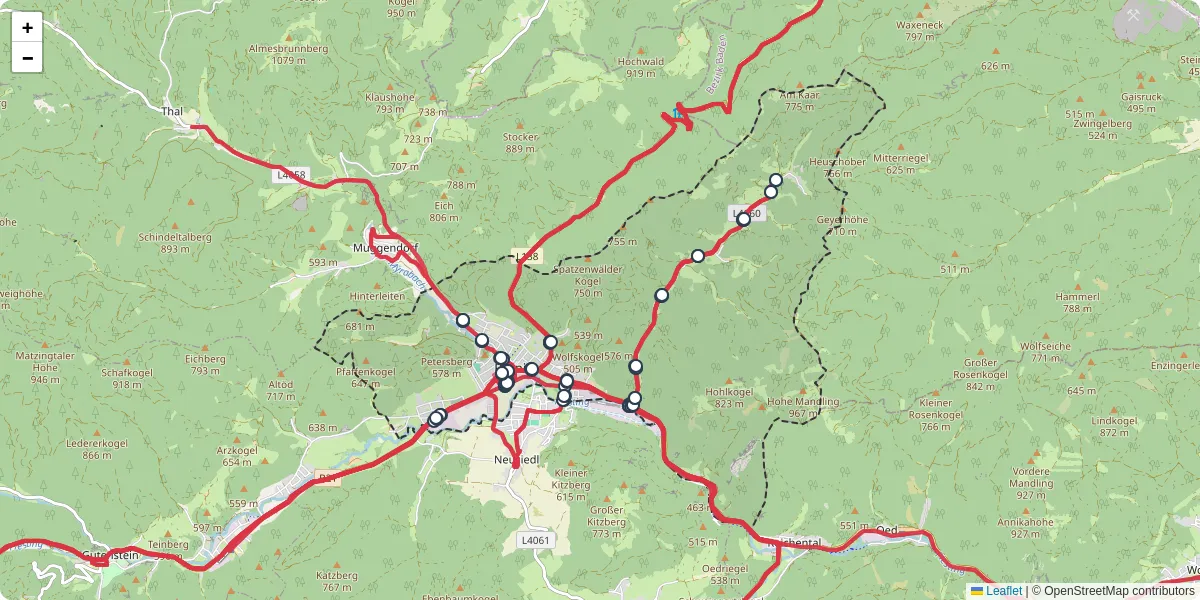 Nahverkehrsnetz in pernitz, Österreich - Buslinien, Haltestellen und Verbindungen auf der Karte