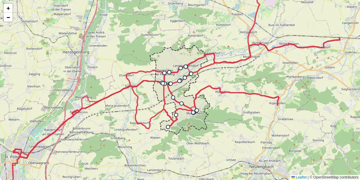 Nahverkehrsnetz in perschling, Österreich - Buslinien, Haltestellen und Verbindungen auf der Karte
