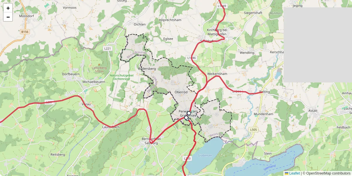 Nahverkehrsnetz in perwang-am-grabensee, Österreich - Buslinien, Haltestellen und Verbindungen auf der Karte