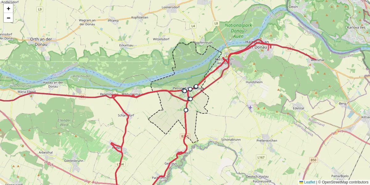Nahverkehrsnetz in petronell-carnuntum, Österreich - Buslinien, Haltestellen und Verbindungen auf der Karte