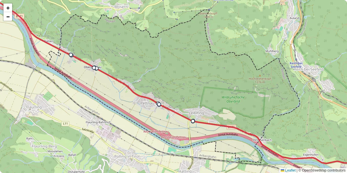 Nahverkehrsnetz in pettnau, Österreich - Buslinien, Haltestellen und Verbindungen auf der Karte